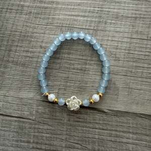 Light Blue Crystal Beaded Stretch Bracelet with Camellia Flower Charm